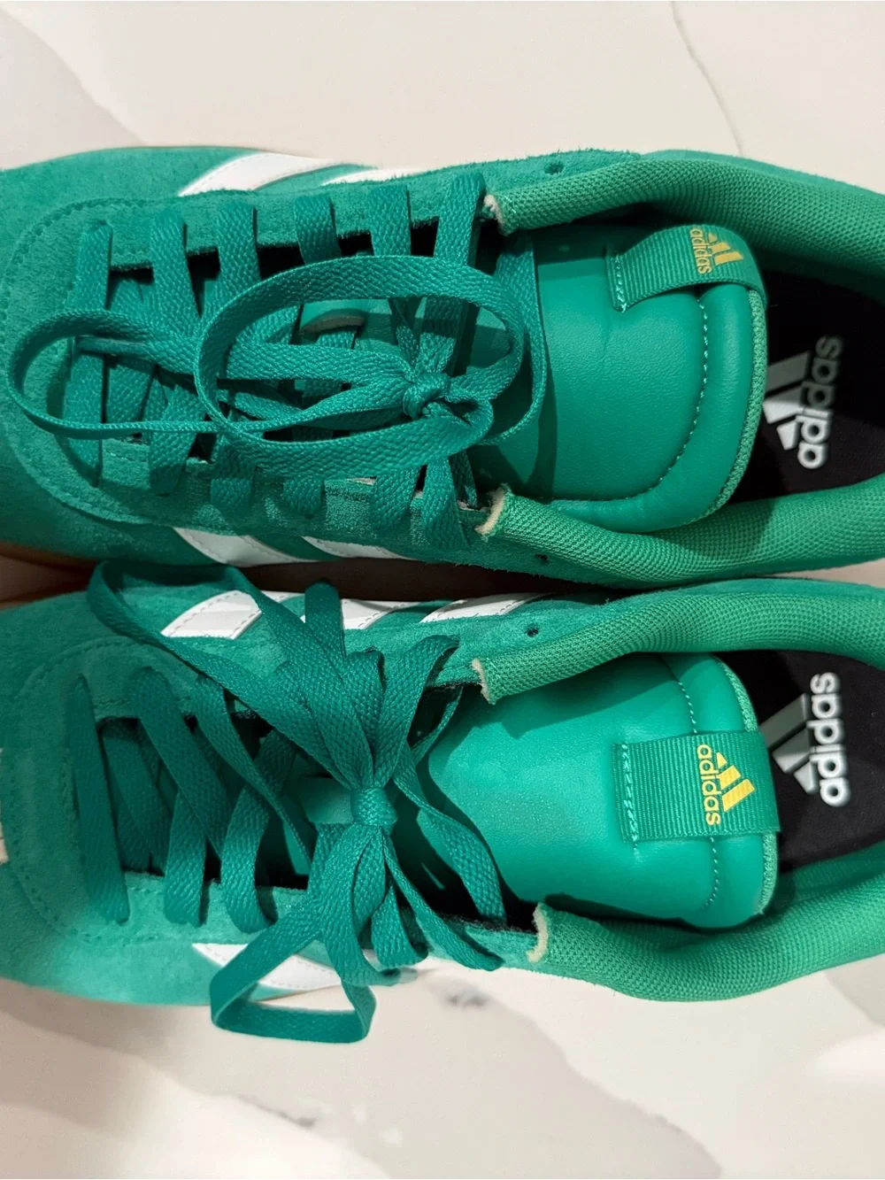 adidas Green Suede Low-Top Sneakers with White Stripes and Gum Sole